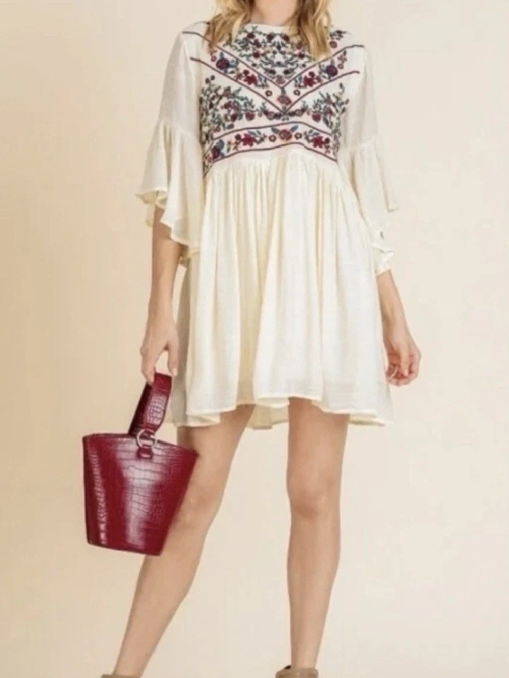 Umgee Cream Embroidered Babydoll Mini Dress